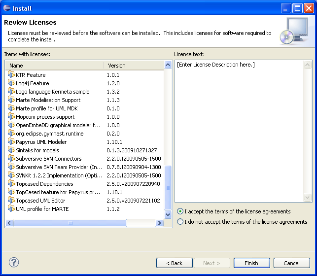 Licence agreement window