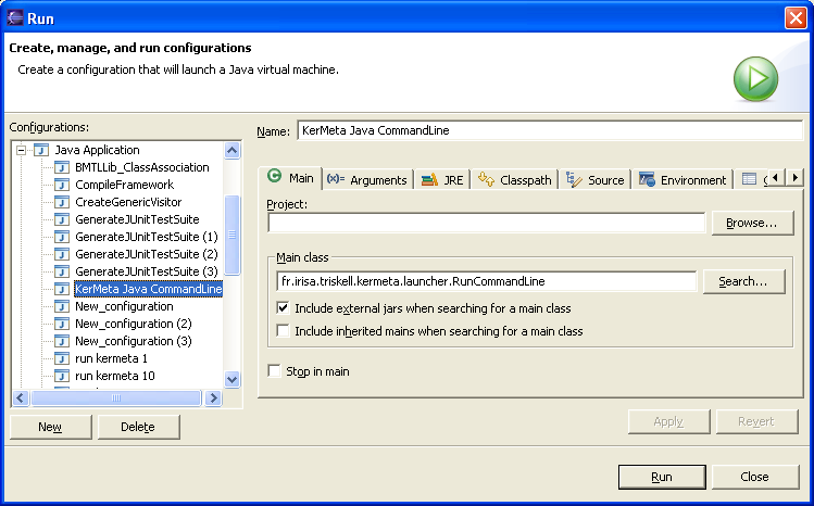 Java run configuration main tab