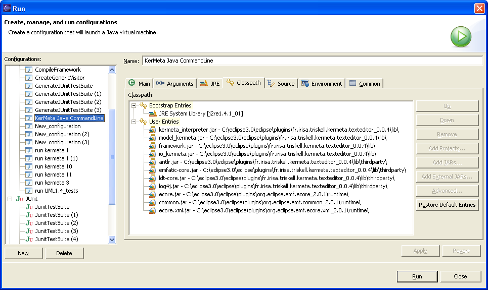 Java run configuration classpath (using the interpreter jars in the texteditor)